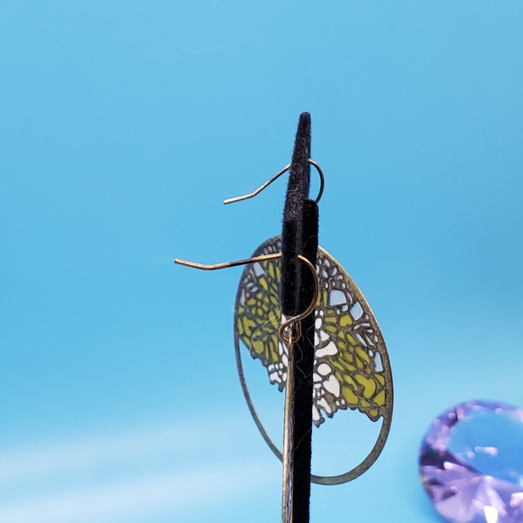 Tree of Life graphic pierced earrings gold tone green and white detail dangly - Picture 5 of 6